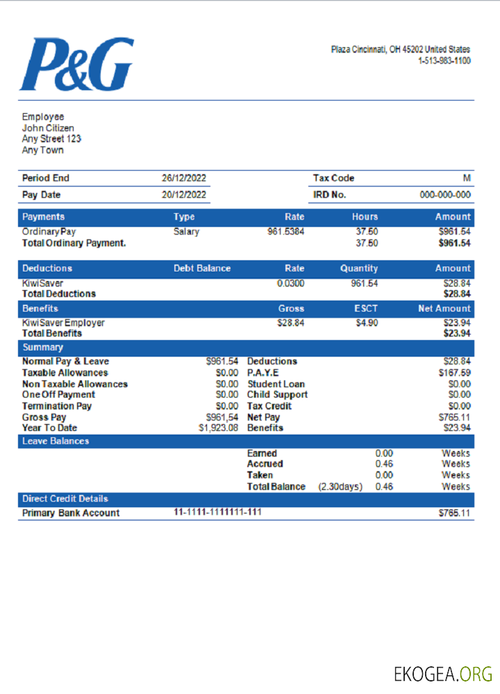 Bulletin de paie de l'entreprise américaine de produits de consommation Procter & Gamble